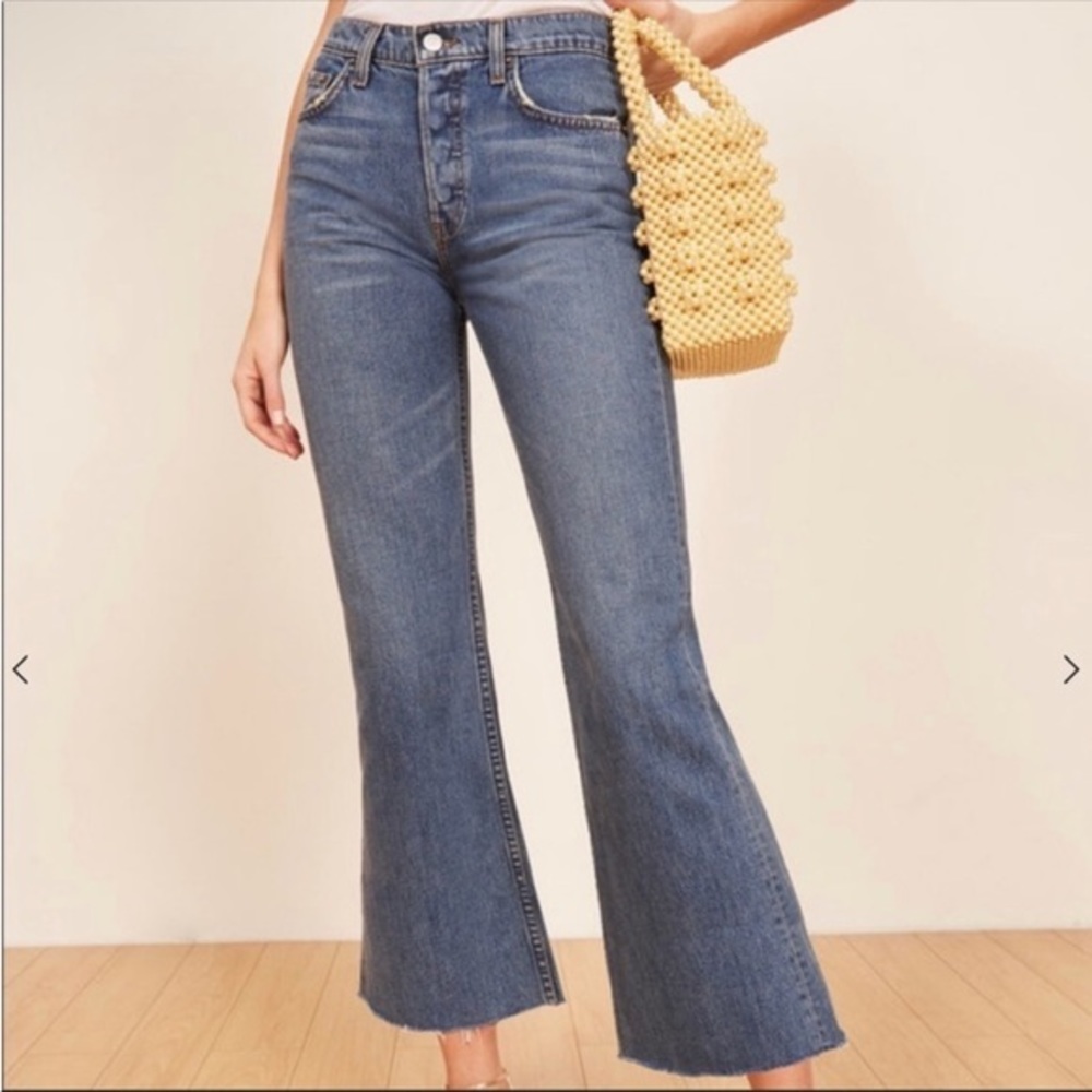 Reformation Mid‎ Crop Flare Leg Distressed Denim Jeans In Baltic Wash raw hem